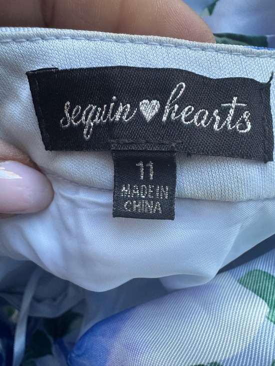 Speechless Blue Floral Satin Fit Flare Dress V Neck Wedding Guest Size 11 - Picture 9 of 10